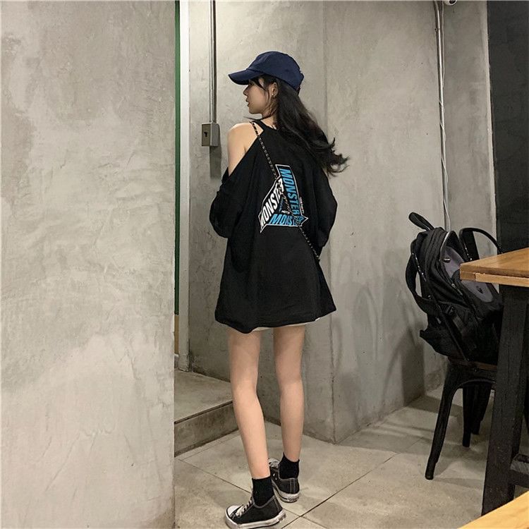 Shoulder Print Crew Cold T-Shirt 3/4-Sleeve Neck Lettering