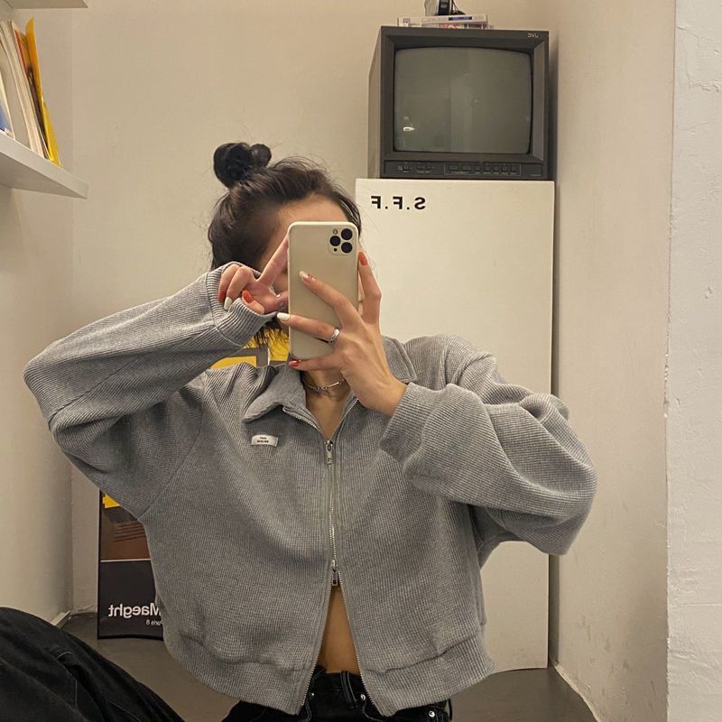 Waffle Plain Applique Zip-Up Jacket Crop Collared