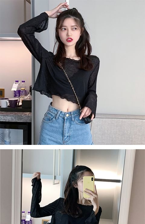 Long-Sleeve Crop Plain Sheer T-Shirt Off-Shoulder