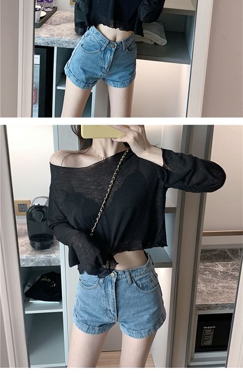 Long-Sleeve Crop Plain Sheer T-Shirt Off-Shoulder