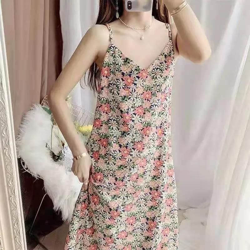 Midi Dress Spaghetti Print V-Neck Strap Floral Shift