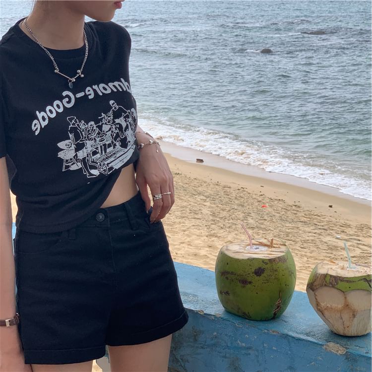 Lettering Print Crew T-Shirt Crop Short-Sleeve Neck