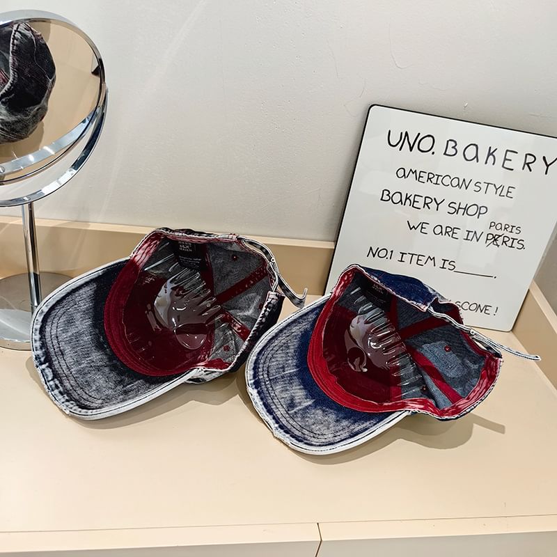 Denim Lettering Cap Washed Distressed Baseball