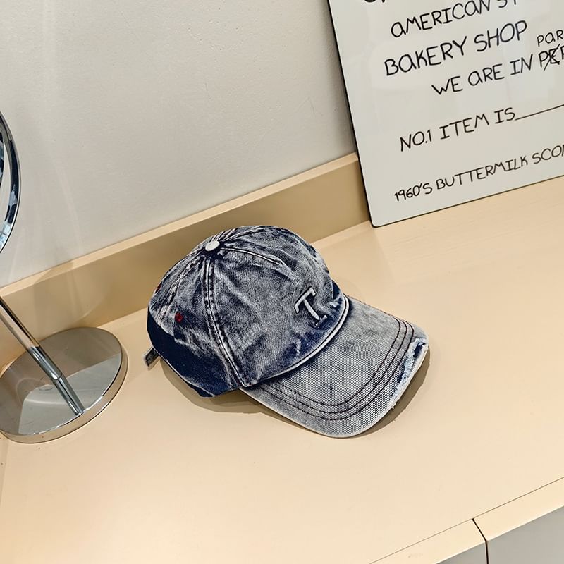 Denim Lettering Cap Washed Distressed Baseball