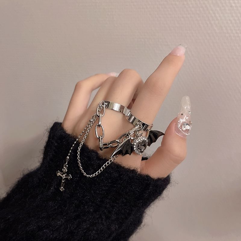 Heart Bat Alloy Double Wing Cross Ring