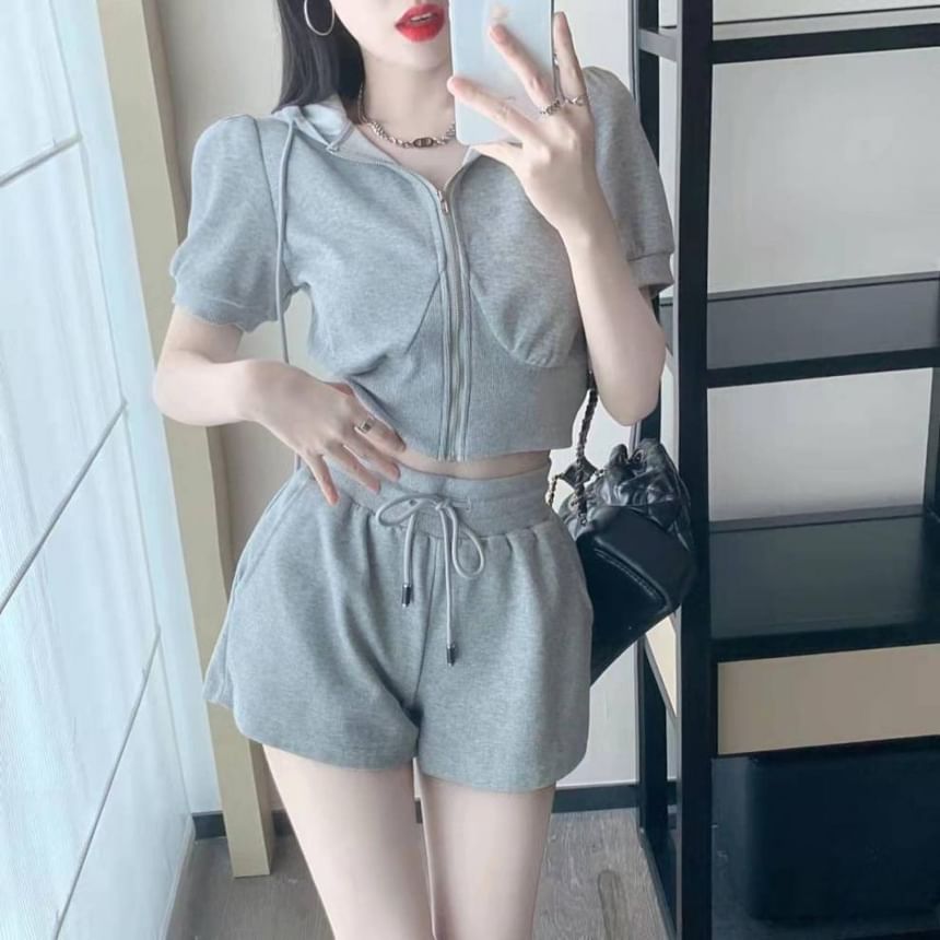 Set: Hoodie + Shorts Drawstring Sweat Zip Short-Sleeve Waist Plain