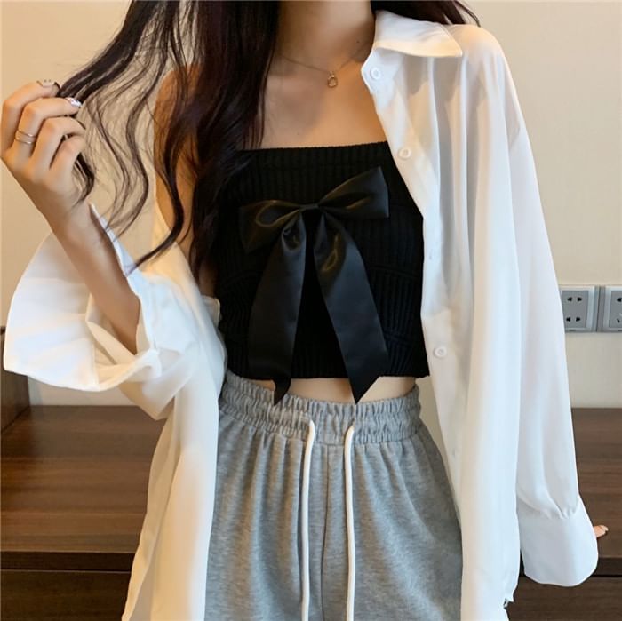 Ribbed Knit Bow Camisole Top Plain