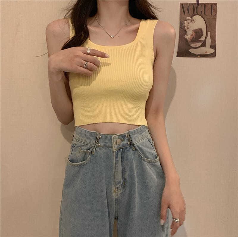 Top Plain Square Tank Neck Ribbed Knit