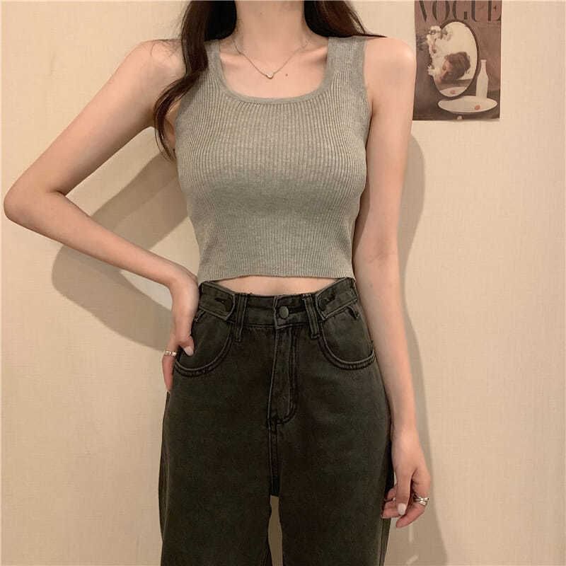 Top Plain Square Tank Neck Ribbed Knit