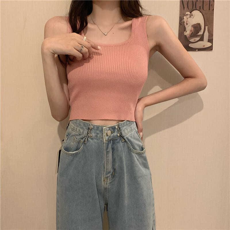 Top Plain Square Tank Neck Ribbed Knit