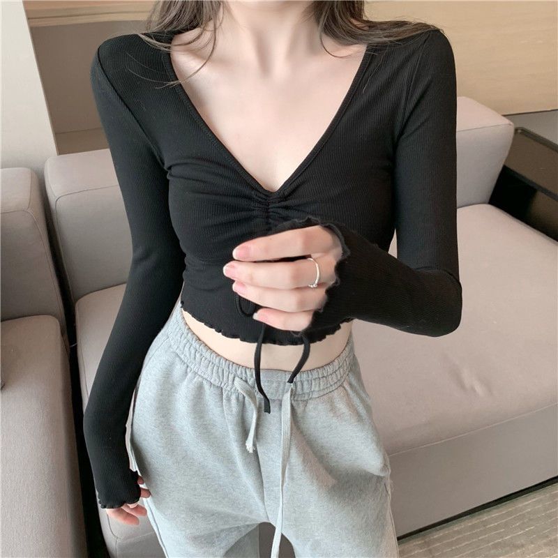 Plain Drawstring V-Neck Crop Long-Sleeve T-Shirt