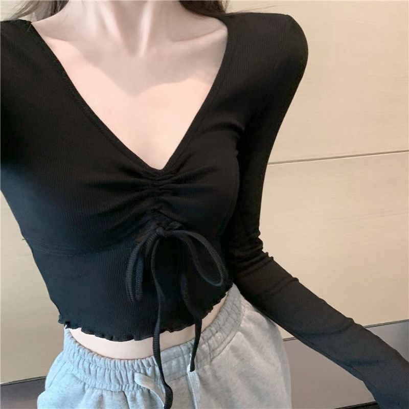 Plain Drawstring V-Neck Crop Long-Sleeve T-Shirt