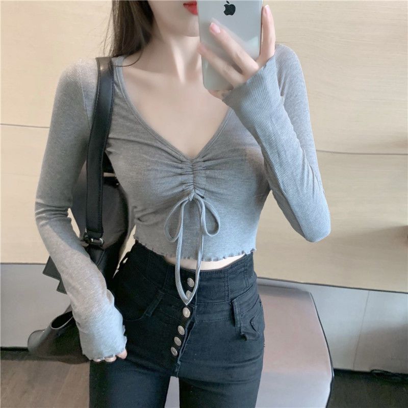 Plain Drawstring V-Neck Crop Long-Sleeve T-Shirt