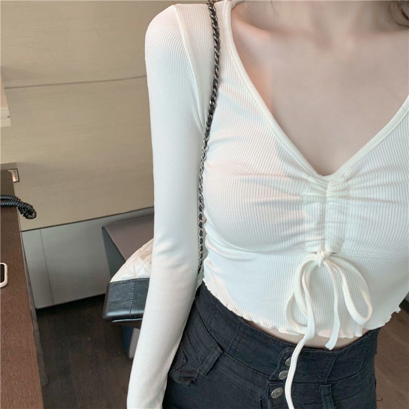 Plain Drawstring V-Neck Crop Long-Sleeve T-Shirt