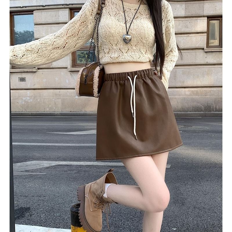 Drawstring Mini Faux Leather Skirt Plain A-Line Waist