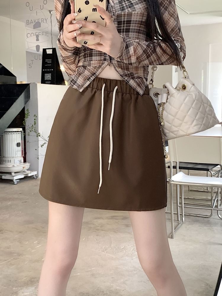 Drawstring Mini Faux Leather Skirt Plain A-Line Waist