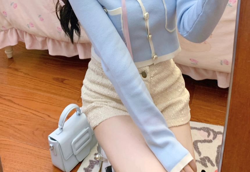 High Waist Contrast Pants Trim Hot Square Cardigan Cropped Neck Plain /