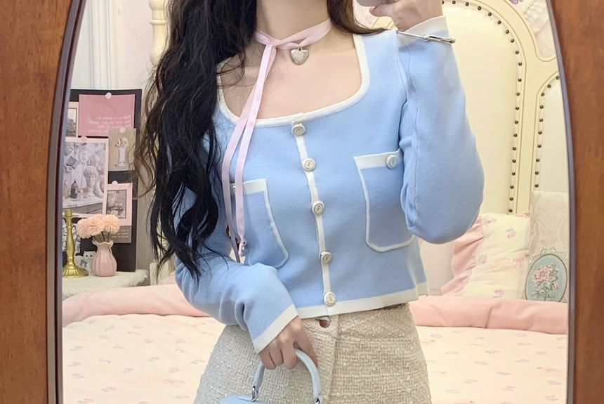 High Waist Contrast Pants Trim Hot Square Cardigan Cropped Neck Plain /