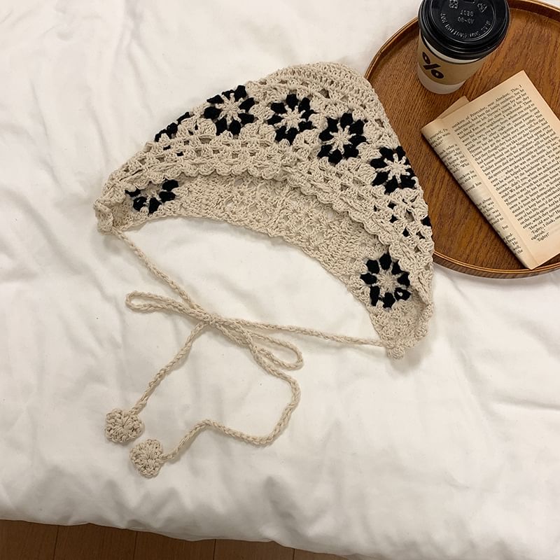 Knit Floral Crochet Bonnet Hat