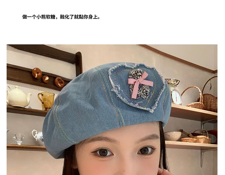 Rhinestone Bow Beret Denim Applique Heart