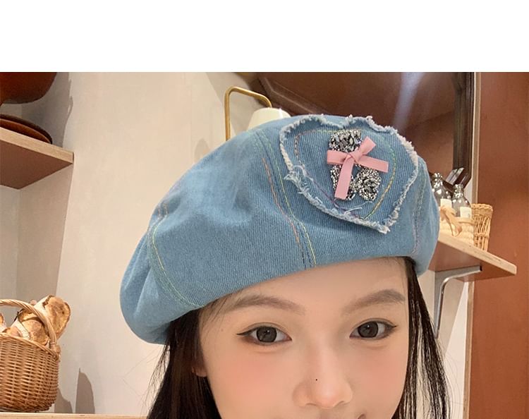 Rhinestone Bow Beret Denim Applique Heart