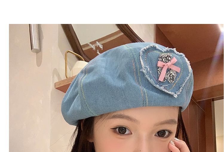 Rhinestone Bow Beret Denim Applique Heart