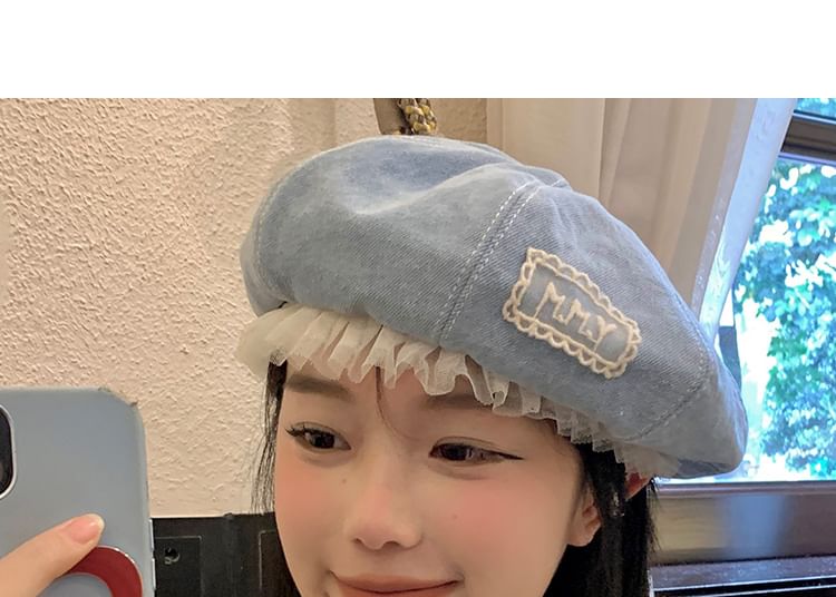 Beret Applique Lettering Mesh Denim Panel