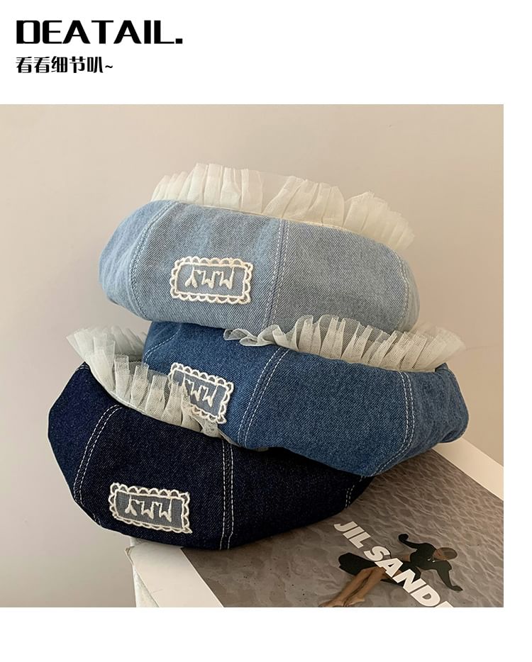 Beret Applique Lettering Mesh Denim Panel