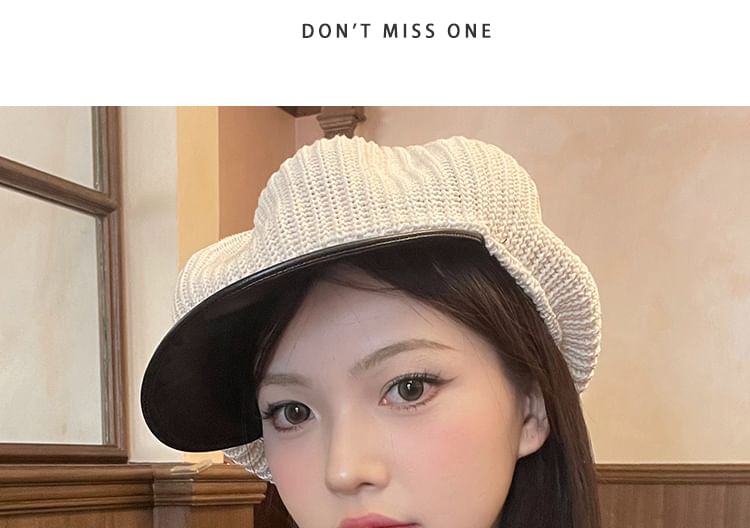 Newsboy Leather Panel Knit Cap Faux