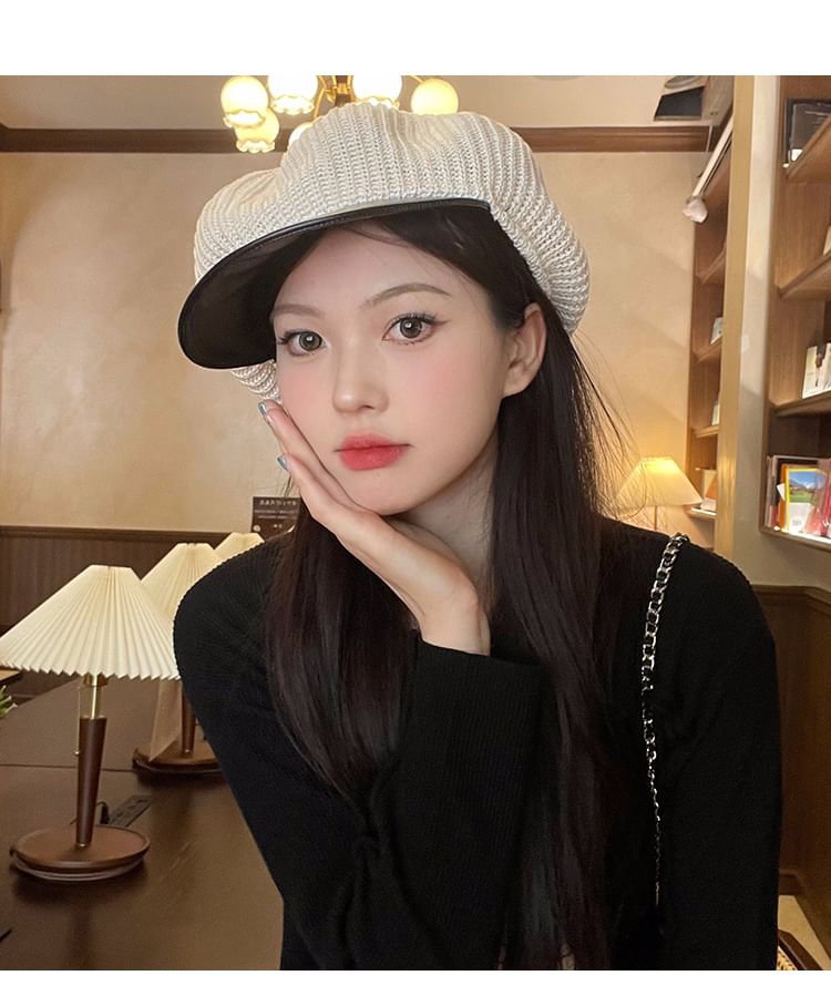 Newsboy Leather Panel Knit Cap Faux