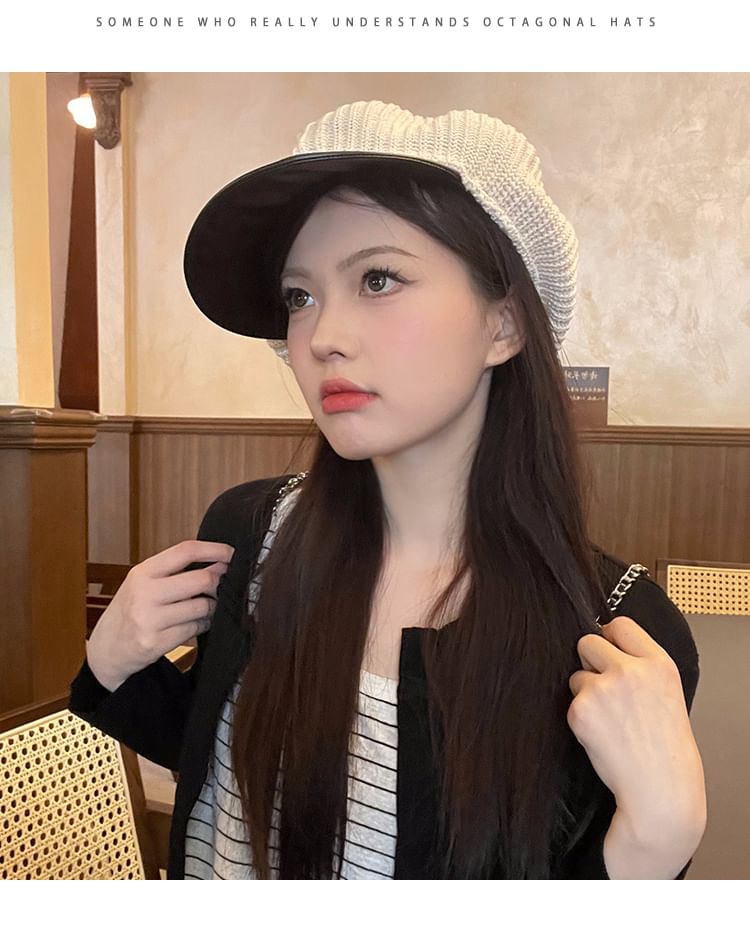 Newsboy Leather Panel Knit Cap Faux