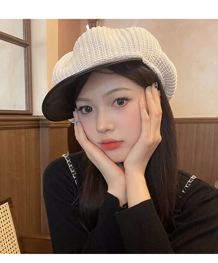 Newsboy Leather Panel Knit Cap Faux