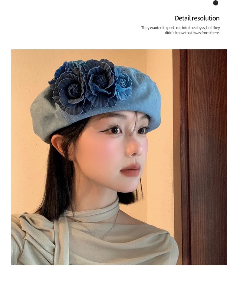 Beret Floral Accent Denim
