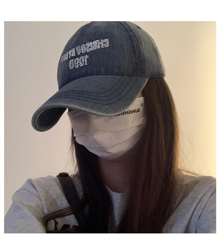 Denim Rhinestone Baseball Washed Lettering Cap
