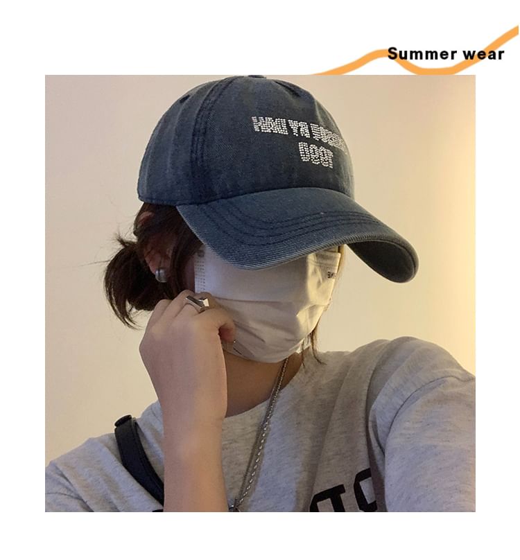 Denim Rhinestone Baseball Washed Lettering Cap