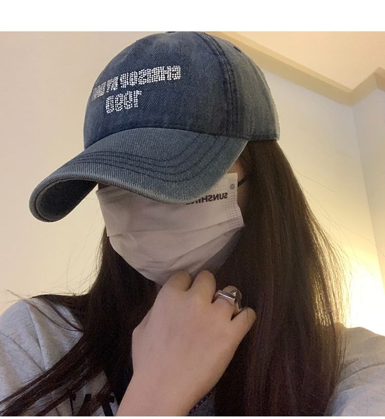 Denim Rhinestone Baseball Washed Lettering Cap