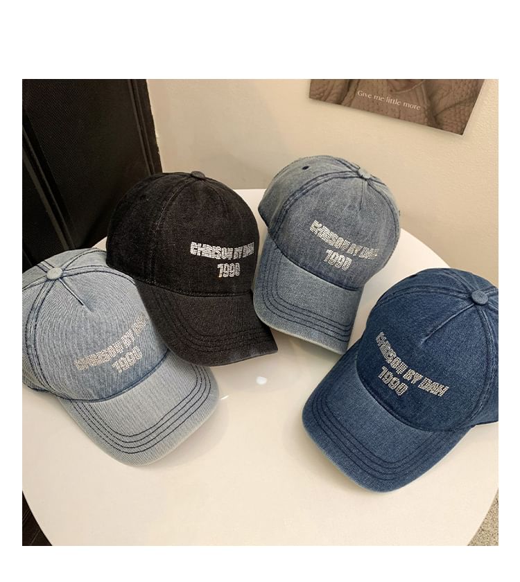 Denim Rhinestone Baseball Washed Lettering Cap