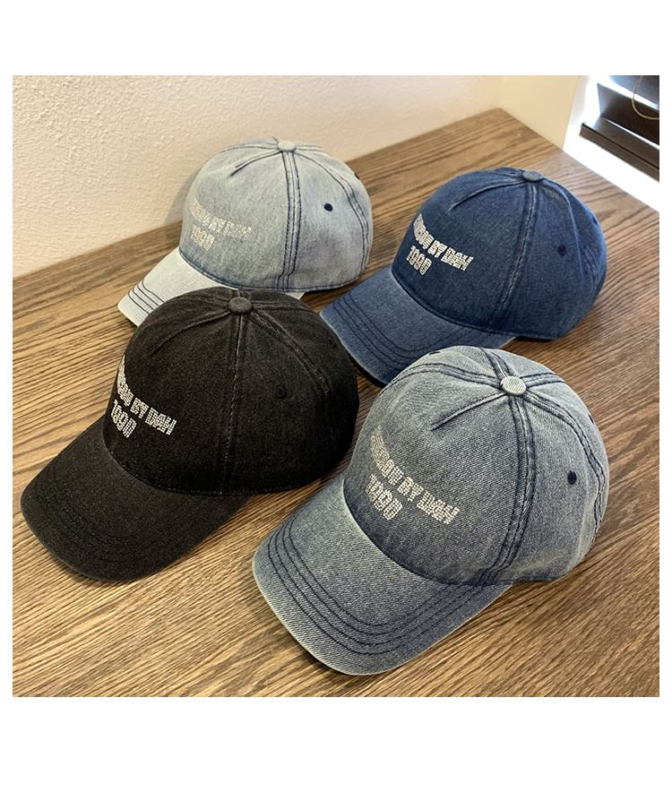 Denim Rhinestone Baseball Washed Lettering Cap