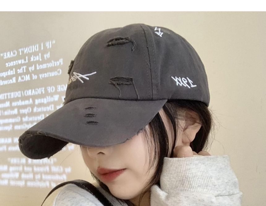 Lettering Distressed Baseball Cap Embroidered
