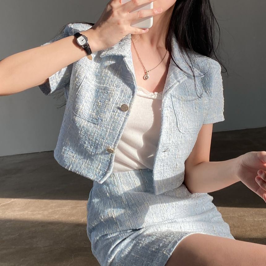 Set: Short-Sleeve Light Tweed Button-Up Shirt + High Waist Mini Pencil Skirt