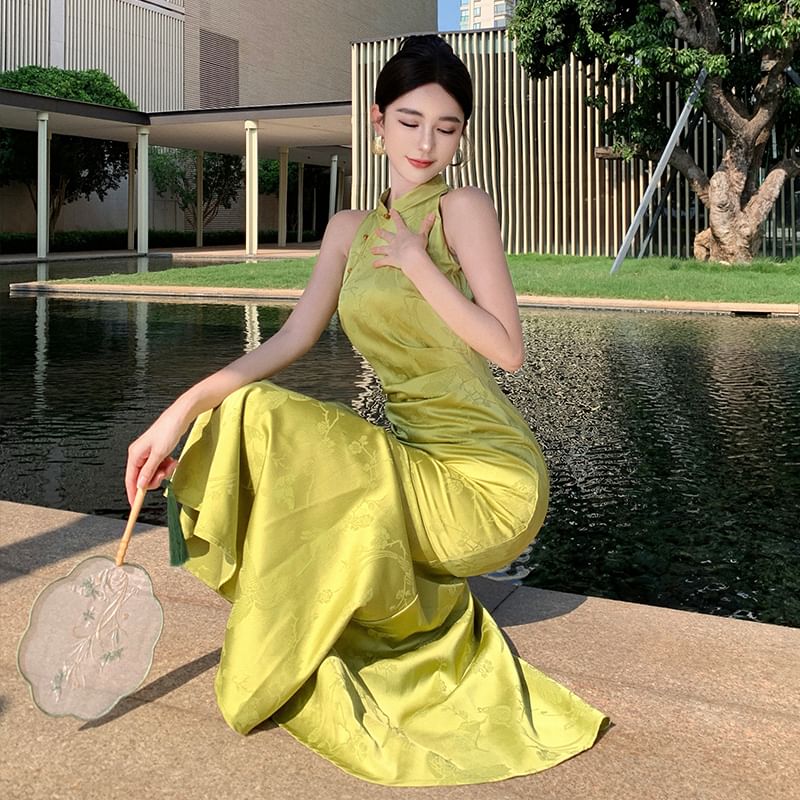 Sleeveless Mandarin Collar Ruched Jacquard Midi Mermaid Dress Egirldoll