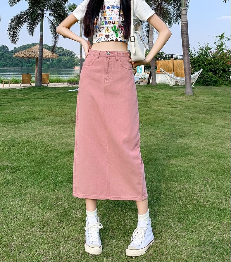 Denim Straight Skirt with Slit and High Waist