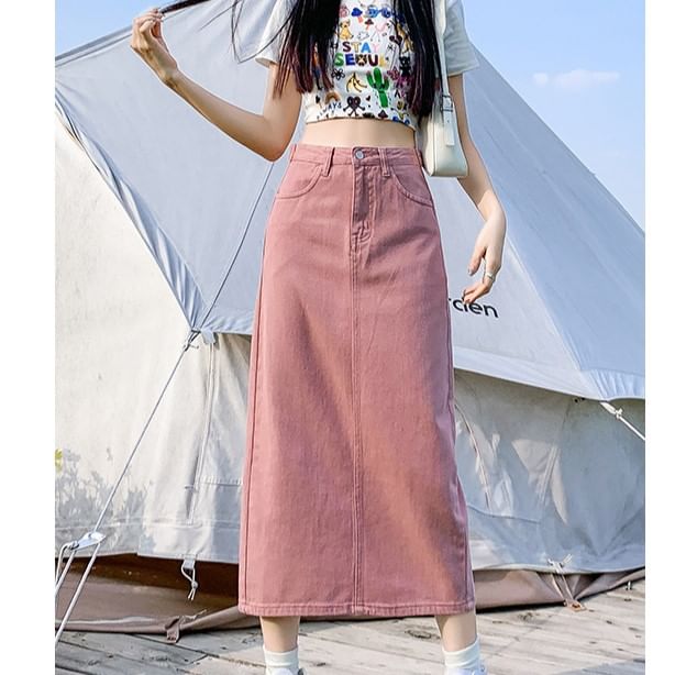 Denim Straight Skirt with Slit and High Waist