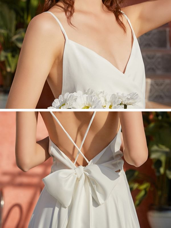 A-Line Plain Strap Maxi V-Neck Spaghetti Dress