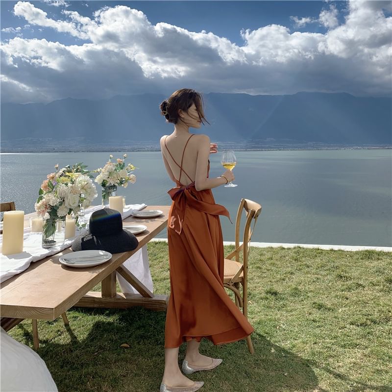 A-Line Plain Strap Maxi V-Neck Spaghetti Dress