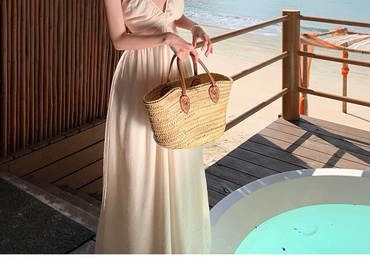 Spaghetti Plain Cutout V-Neck Dress A-Line Maxi Strap