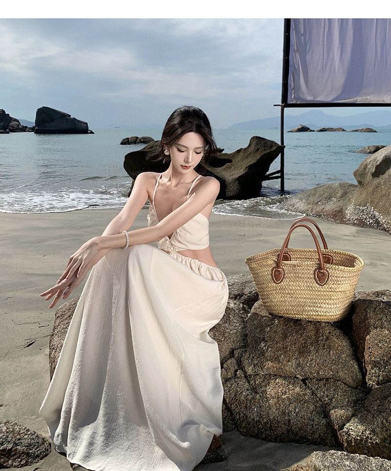 Spaghetti Plain Cutout V-Neck Dress A-Line Maxi Strap