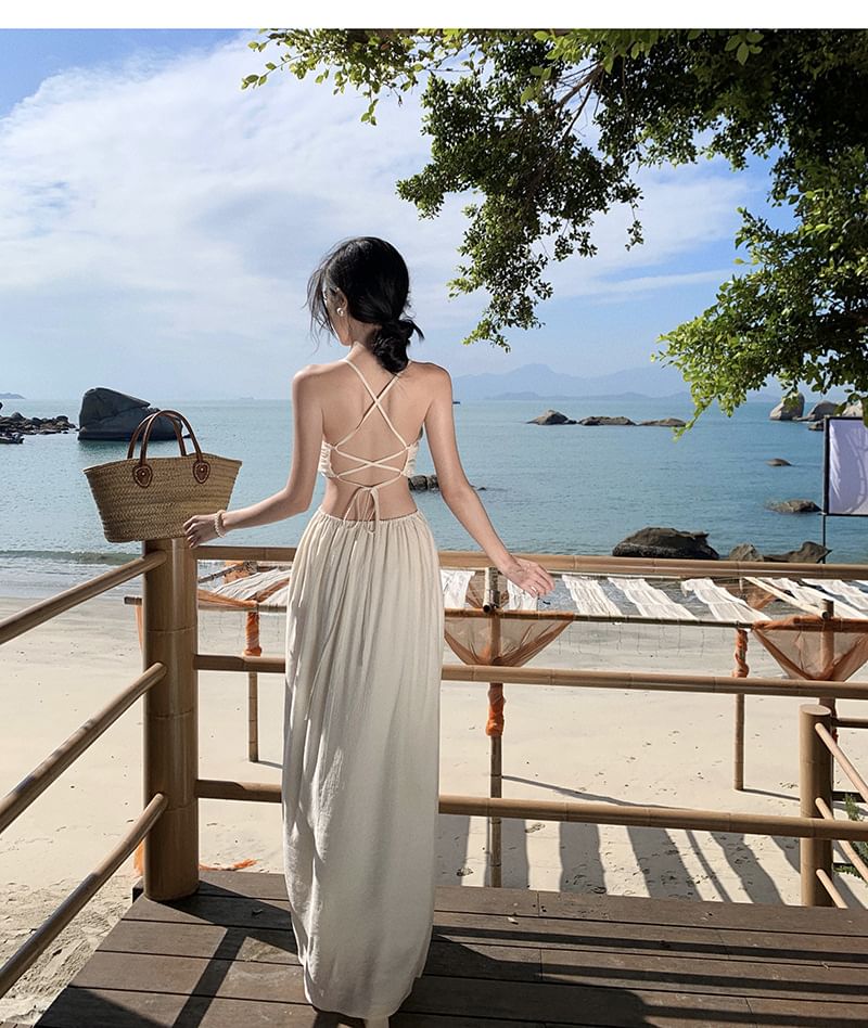 Spaghetti Plain Cutout V-Neck Dress A-Line Maxi Strap