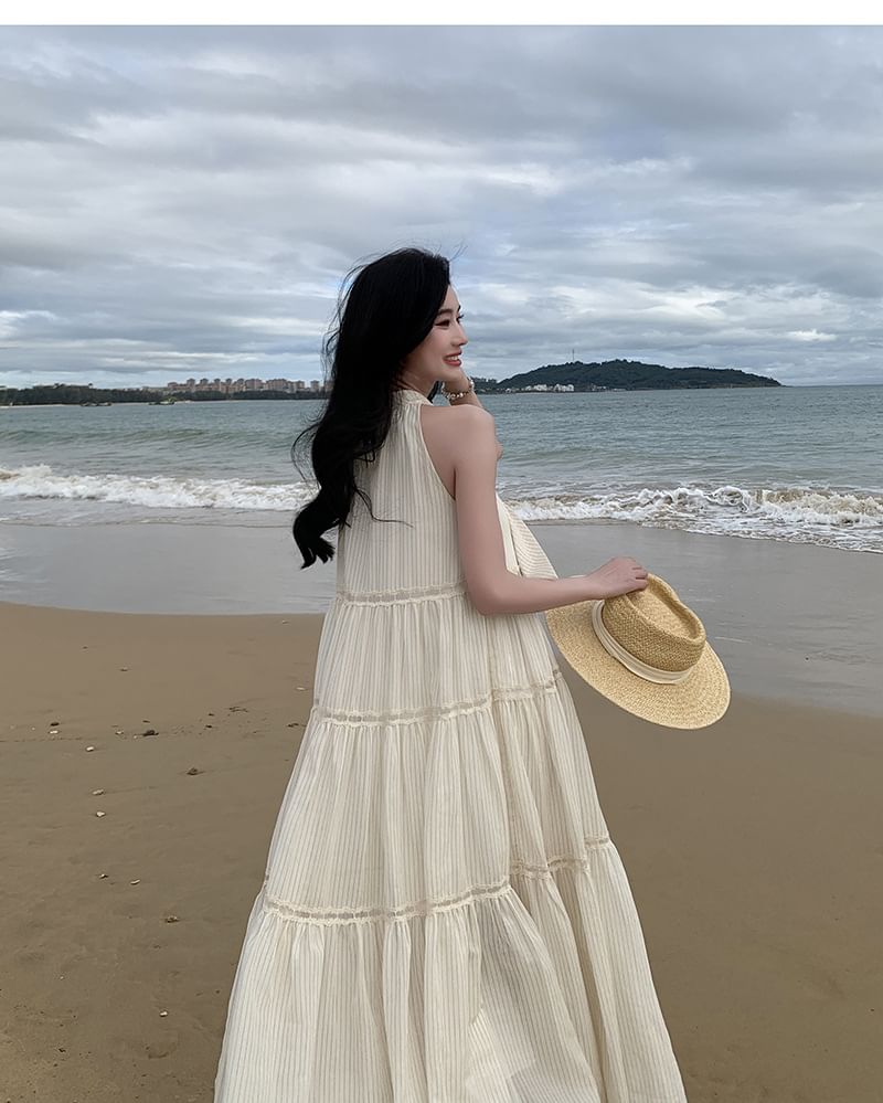 Dress A-Line Midi Crewneck Plain Sleeveless