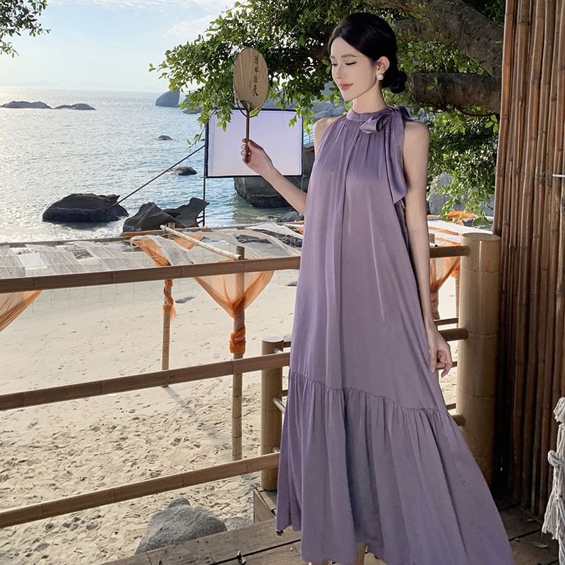 Crewneck A-Line Plain Maxi Sleeveless Dress